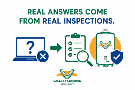 Valley Plumbing logo with plumbing-themed visuals illustrating that online pricing cannot account for real-world installation conditions. The design features plumbing components, water heater and fixture imagery, and Valley Plumbing's green, gold,  blue