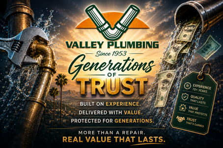 Valley Plumbing image showing experience, value, and generations of trusted plumbing service in Southern California since 1953.
